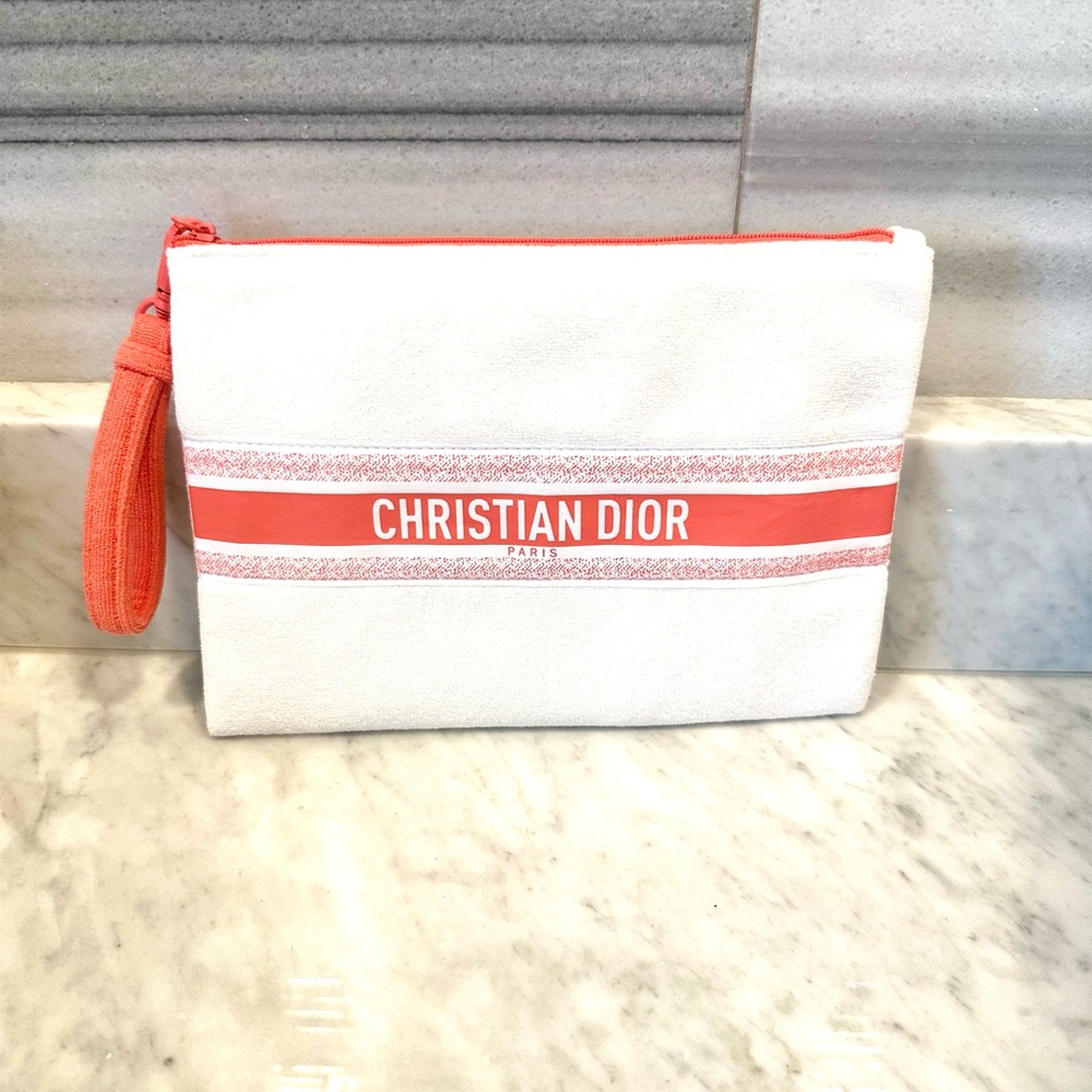 NWOT DIOR Whits and Coral Terrycloth Wristlet/ Pouch